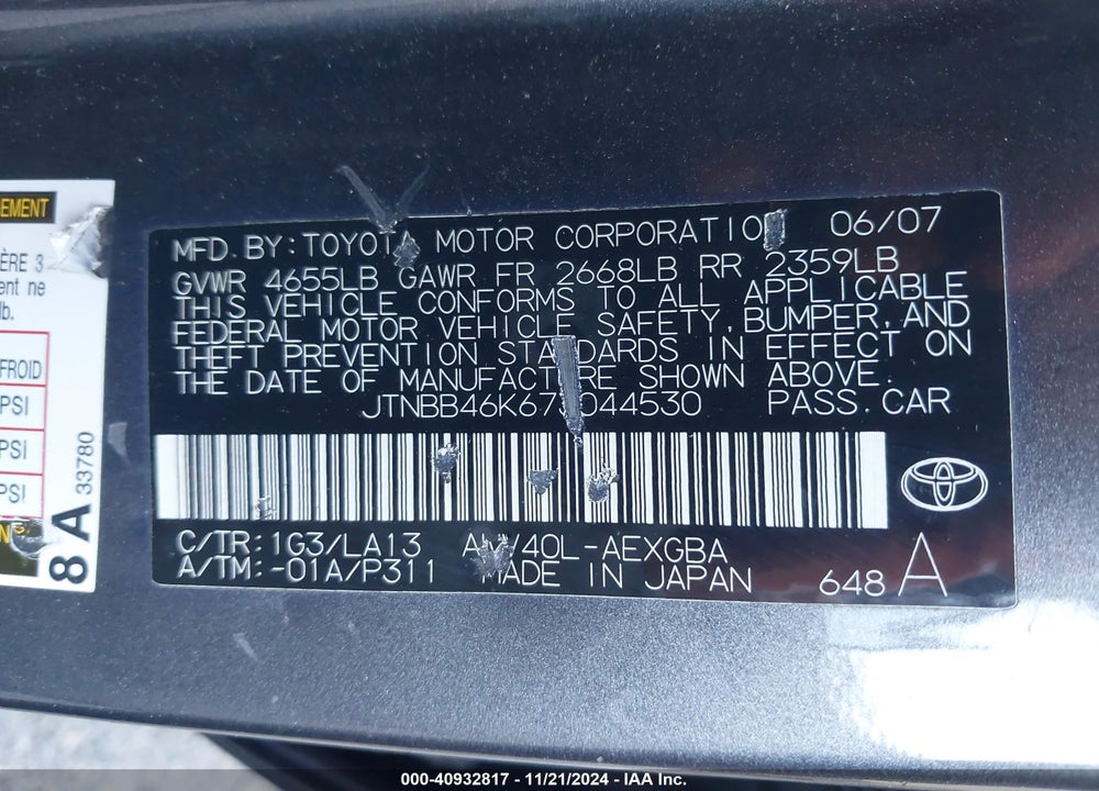 2007 TOYOTA CAMRY HYBRID VIN: JTNBB46K673044530