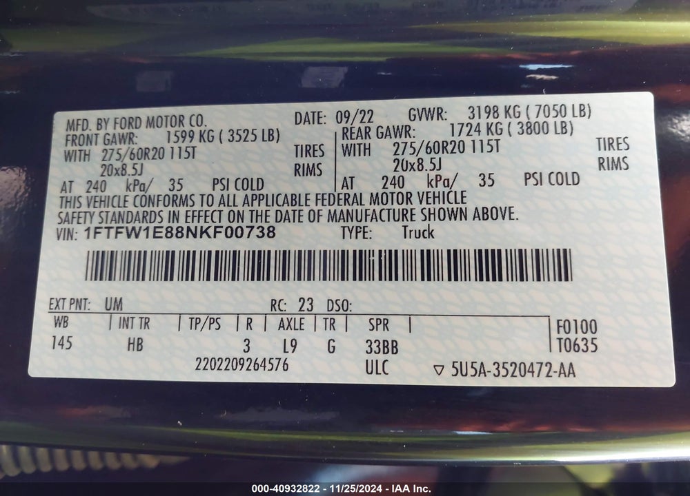 2022 FORD F150 VIN: 1FTFW1E88NKF00738