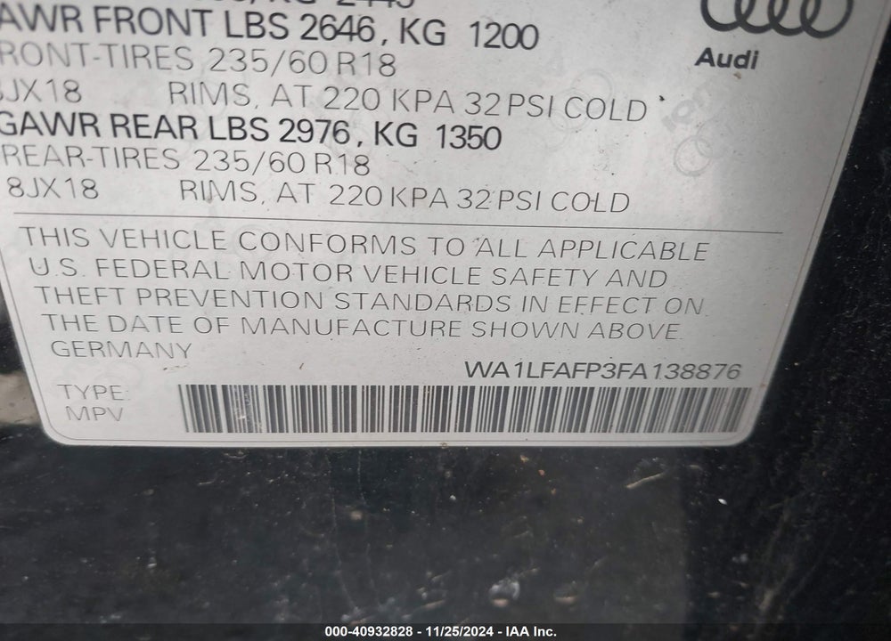 2015 AUDI Q5 2.0T PREMIUM VIN: WA1LFAFP3FA138876