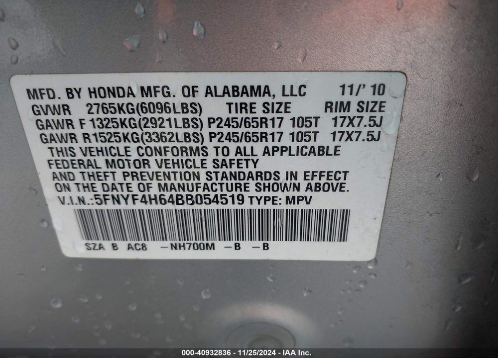 2011 HONDA PILOT EX-L VIN: 5FNYF4H64BB054519