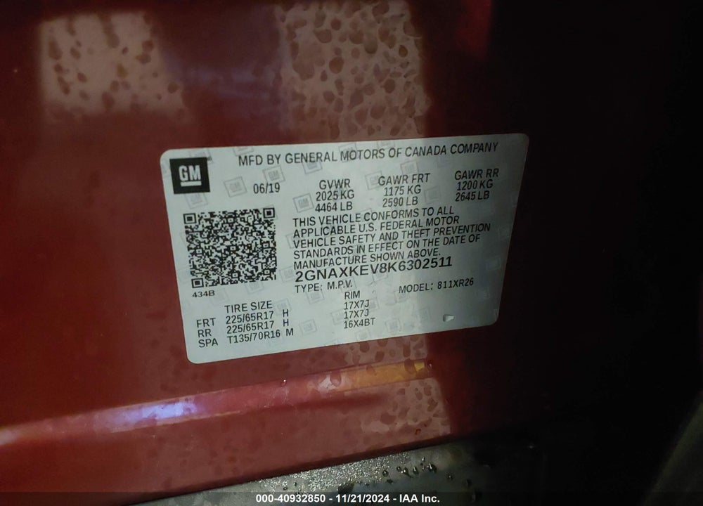2019 CHEVROLET EQUINOX LT VIN: 2GNAXKEV8K6302511