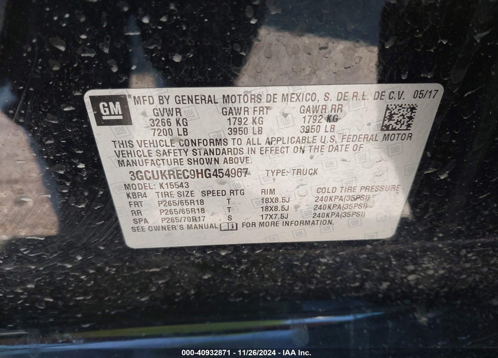 2017 CHEVROLET SILVERADO 1500 VIN: 3GCUKREC9HG454967