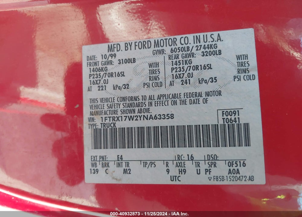 2000 FORD F-150 VIN: 1FTRX17W2YNA63358