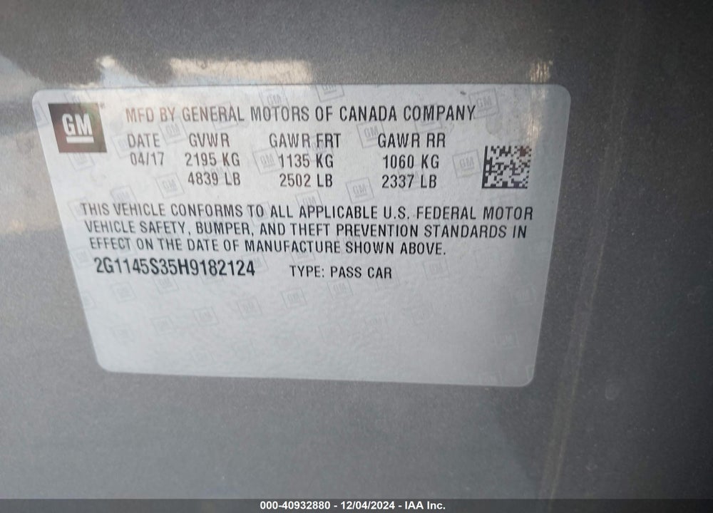 2017 CHEVROLET IMPALA 2LZ VIN: 2G1145S35H9182124