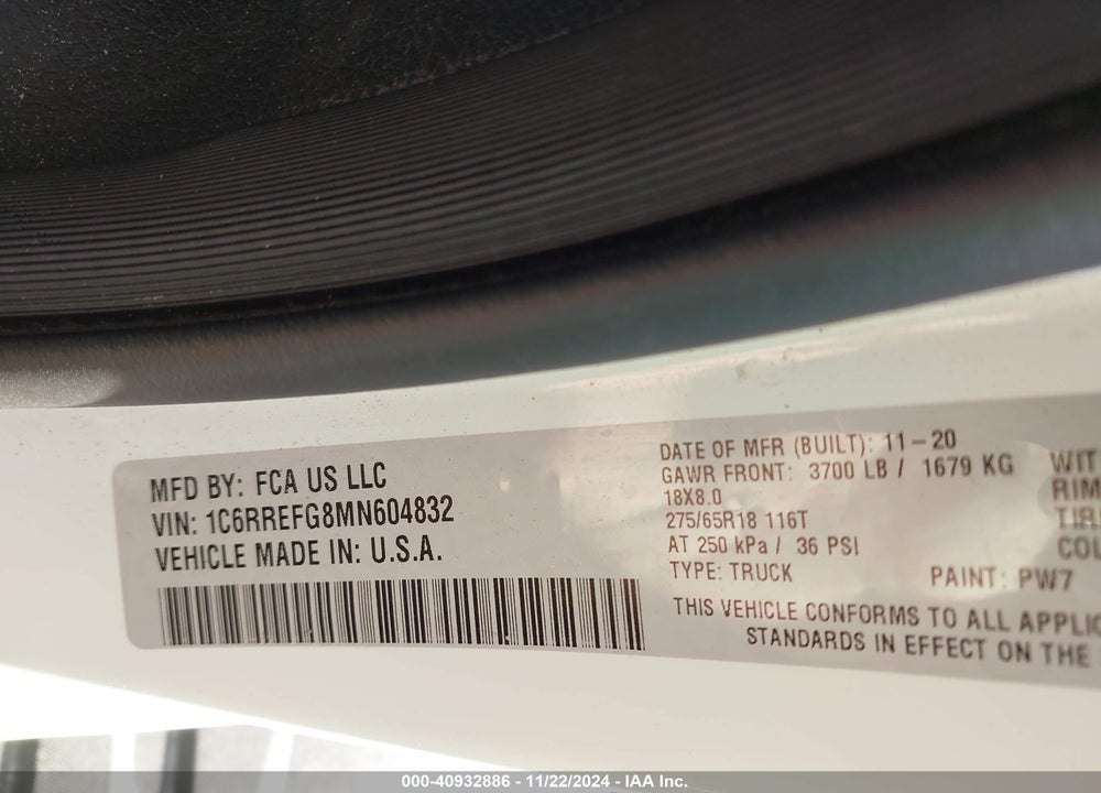 2021 RAM 1500 LONE STAR 4X2 5'7 BOX VIN: 1C6RREFG8MN604832