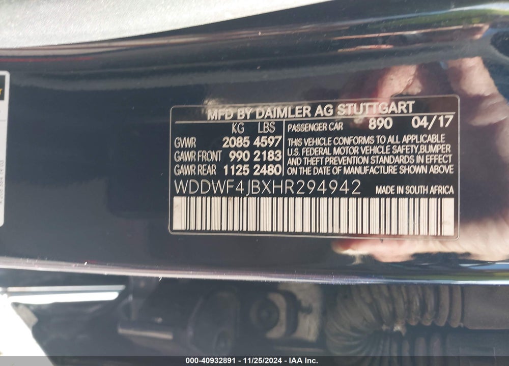 2017 MERCEDES-BENZ C 300 LUXURY/SPORT VIN: WDDWF4JBXHR294942