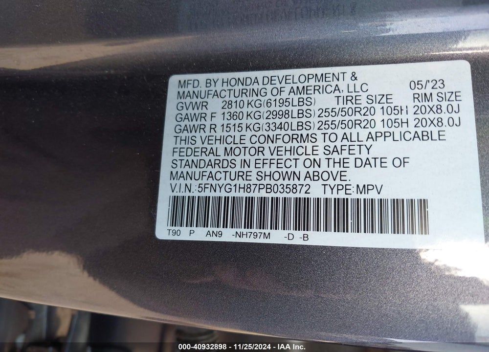 2023 HONDA PILOT AWD ELITE VIN: 5FNYG1H87PB035872