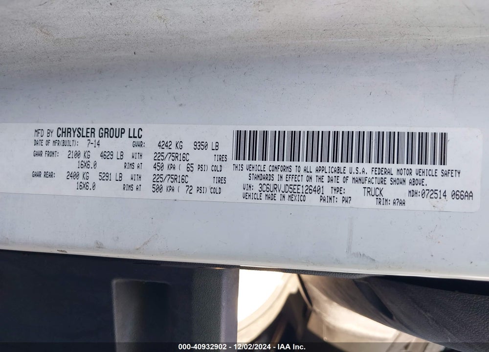 2014 RAM PROMASTER 3500 HIGH ROOF VIN: 3C6URVJD5EE126401