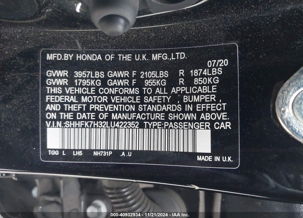 2020 HONDA CIVIC LX VIN: SHHFK7H32LU422352