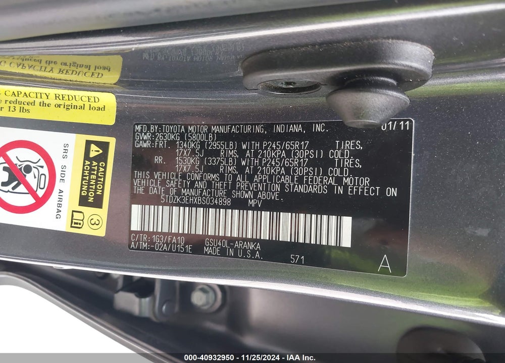 2011 TOYOTA HIGHLANDER SE VIN: 5TDZK3EHXBS034898