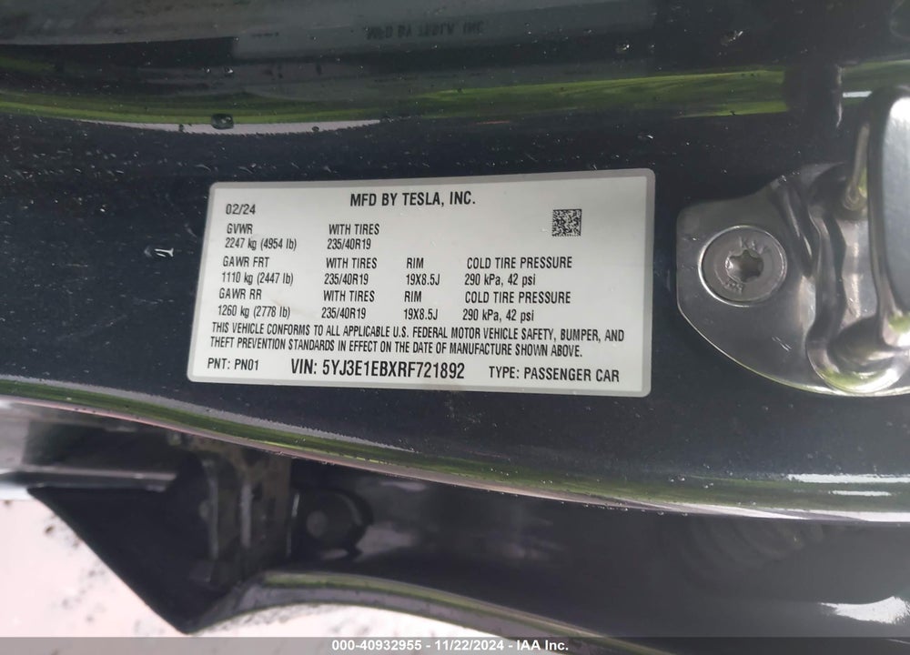 2024 TESLA MODEL 3 LONG RANGE DUAL MOTOR ALL-WHEEL DRIVE VIN: 5YJ3E1EBXRF721892