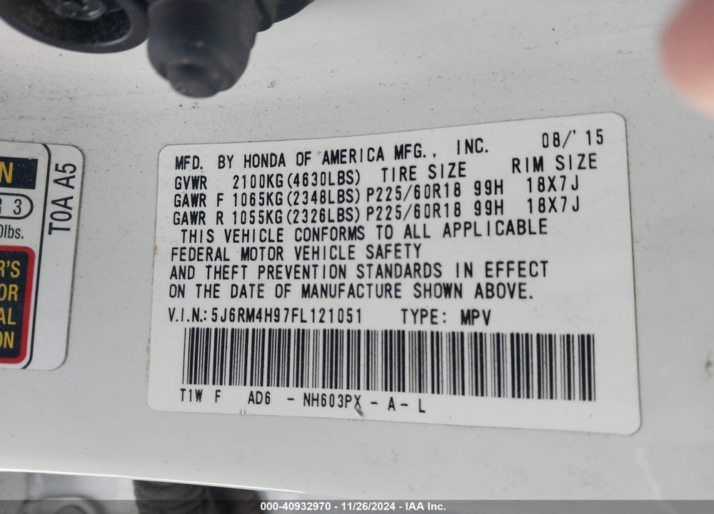 2015 HONDA CR-V TOURING VIN: 5J6RM4H97FL121051