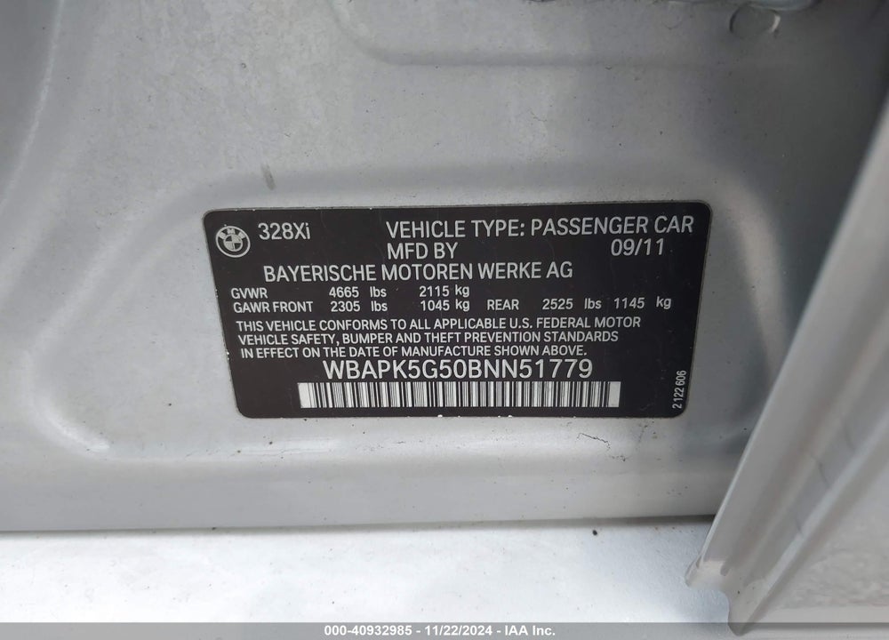 2011 BMW 328I XDRIVE VIN: WBAPK5G50BNN51779