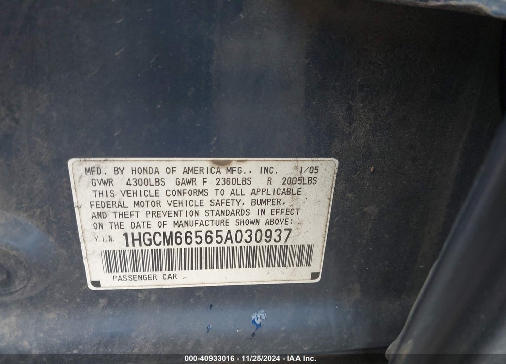 2005 HONDA ACCORD 3.0 EX VIN: 1HGCM66565A030937