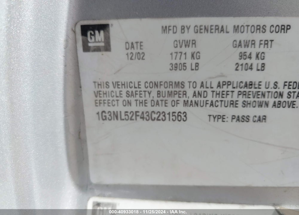 2003 OLDSMOBILE ALERO GL1 VIN: 1G3NL52F43C231563