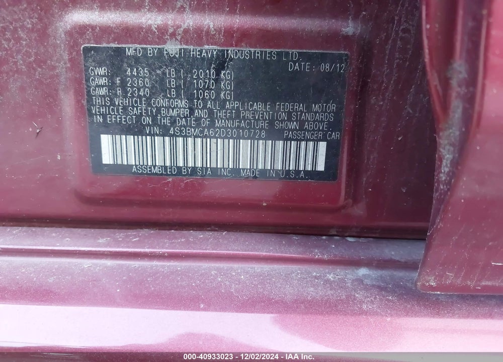 2013 SUBARU LEGACY 2.5I VIN: 4S3BMCA62D3010728