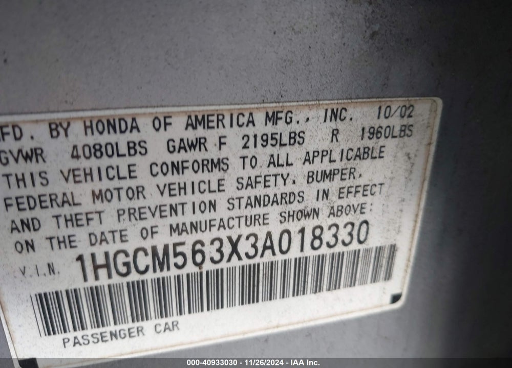 2003 HONDA ACCORD 2.4 LX VIN: 1HGCM563X3A018330