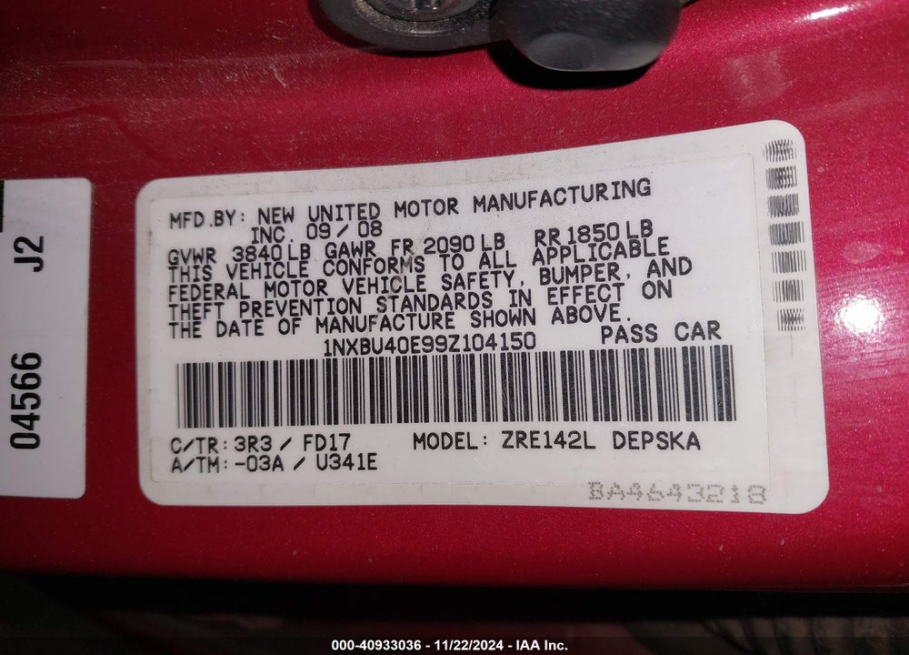 2009 TOYOTA COROLLA S VIN: 1NXBU40E99Z104150