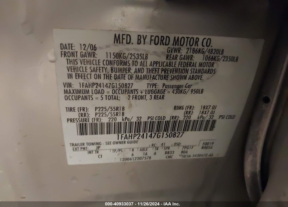 2007 FORD FIVE HUNDRED SEL VIN: 1FAHP24147G150827