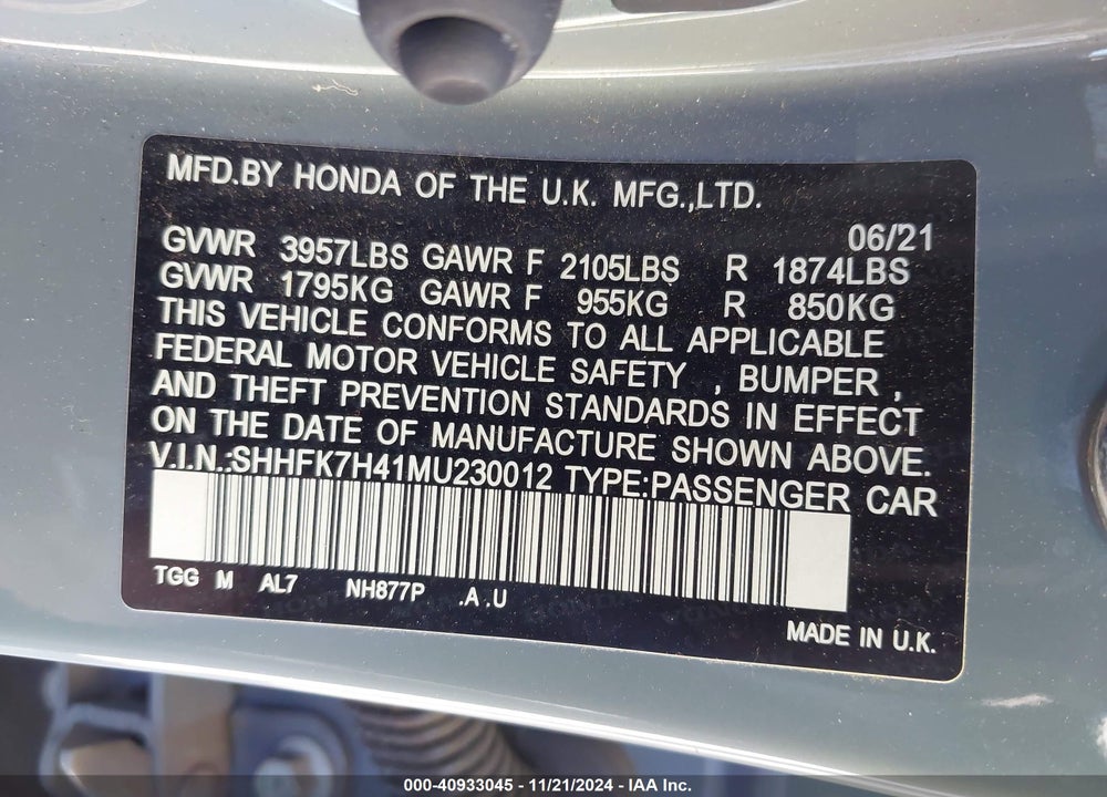 2021 HONDA CIVIC VIN: SHHFK7H41MU230012