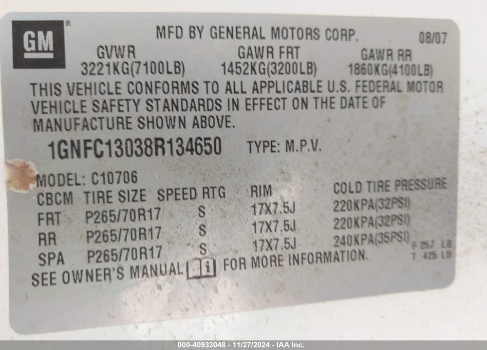 2008 CHEVROLET TAHOE LT VIN: 1GNFC13038R134650