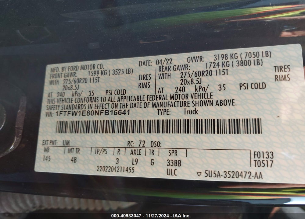2022 FORD F-150 VIN: 1FTFW1E80NFB16641