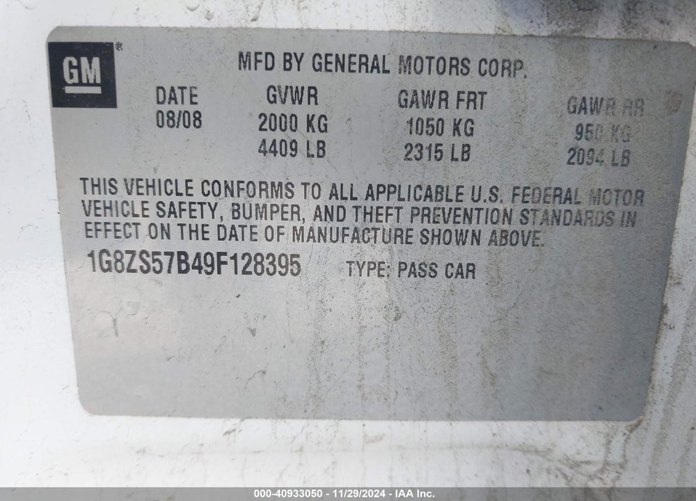 2009 SATURN AURA XE VIN: 1G8ZS57B49F128395