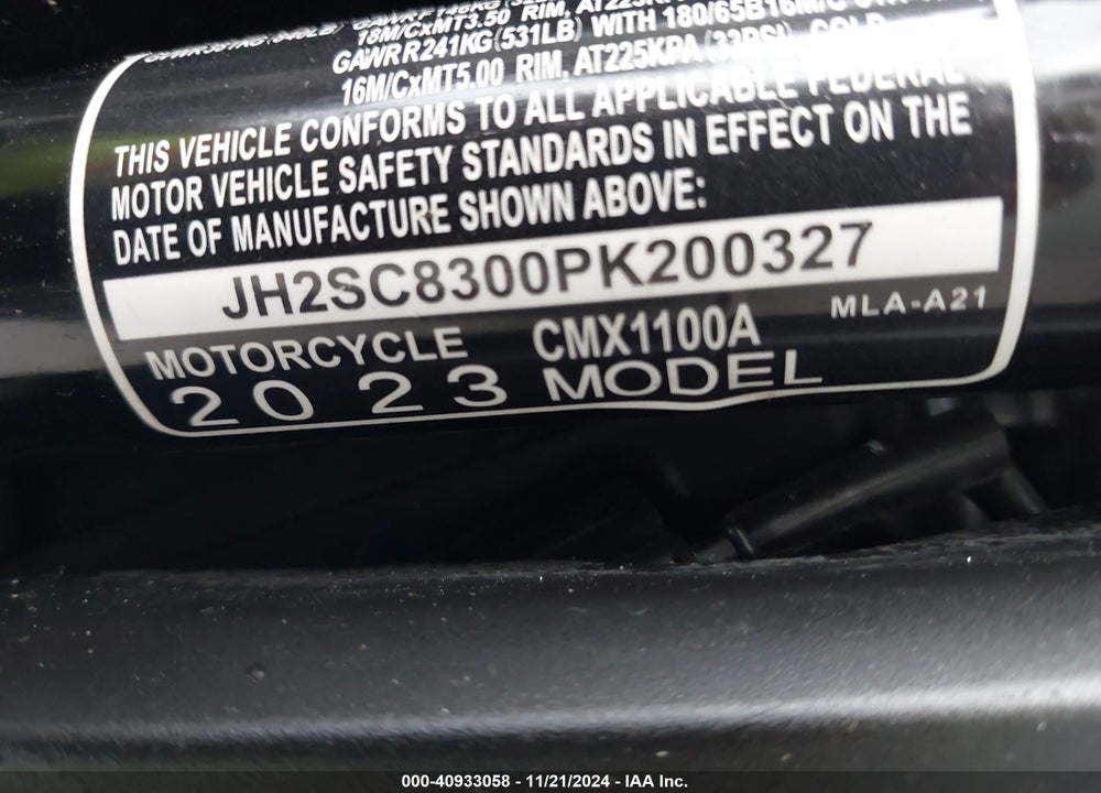 2023 HONDA CMX1100 A VIN: JH2SC8300PK200327