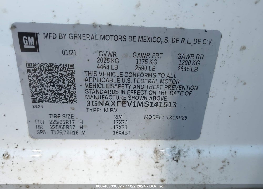 2021 CHEVROLET EQUINOX FWD 1FL VIN: 3GNAXFEV1MS141513