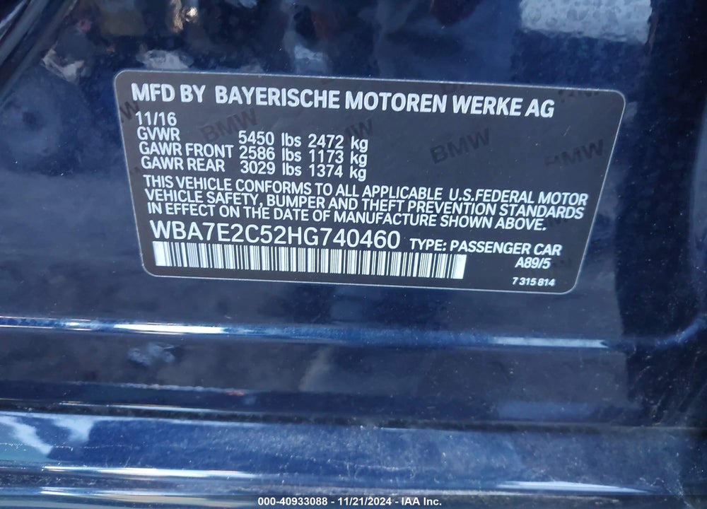 2017 BMW 7 SERIES VIN: WBA7E2C52HG740460