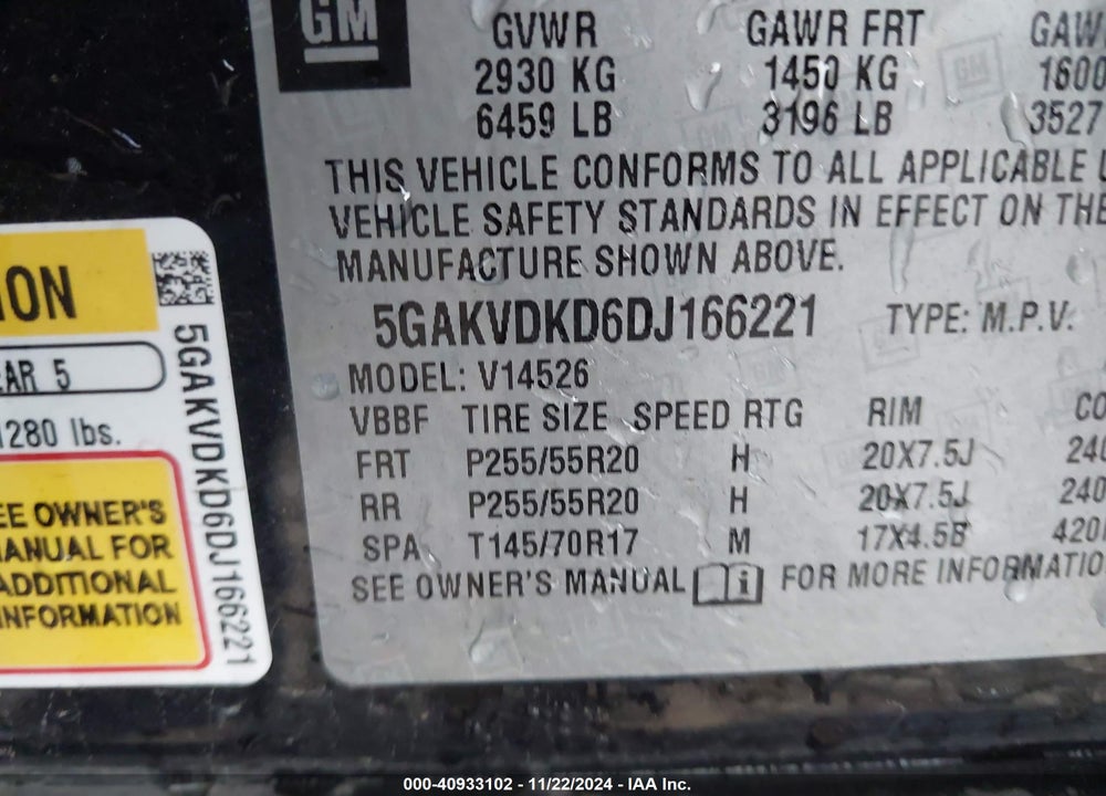 2013 BUICK ENCLAVE PREMIUM VIN: 5GAKVDKD6DJ166221