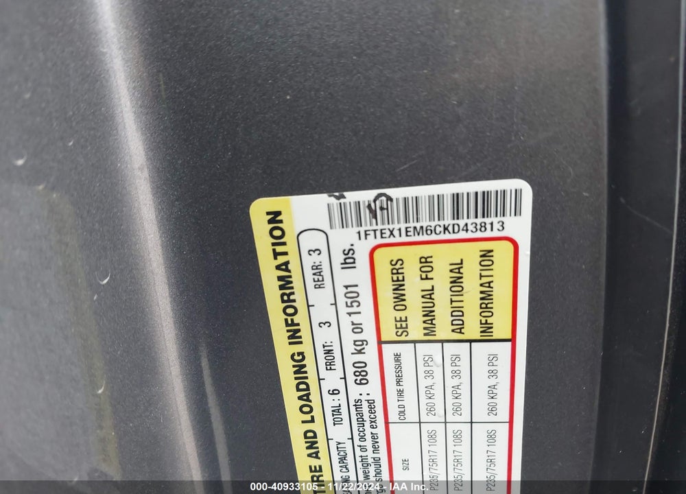 2012 FORD F-150 VIN: 1FTEX1EM6CKD43813
