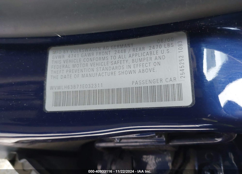 2001 VOLKSWAGEN PASSAT GLX VIN: WVWLH63B71E032311