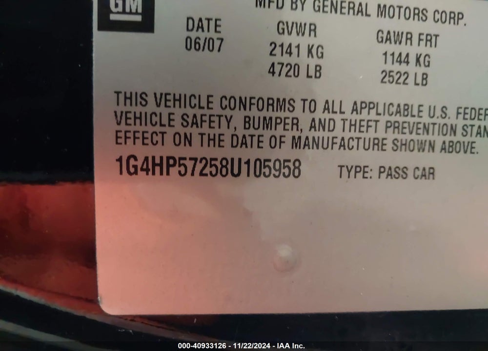 2008 BUICK LUCERNE CX VIN: 1G4HP57258U105958