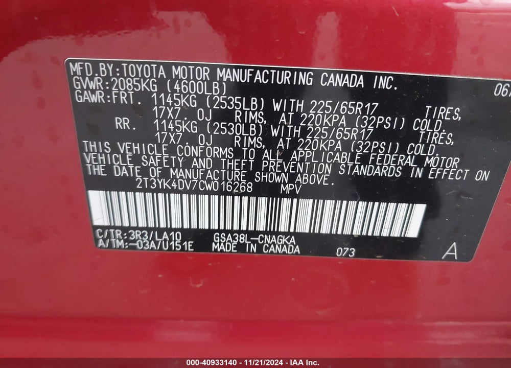 2012 TOYOTA RAV4 LIMITED V6 VIN: 2T3YK4DV7CW016268