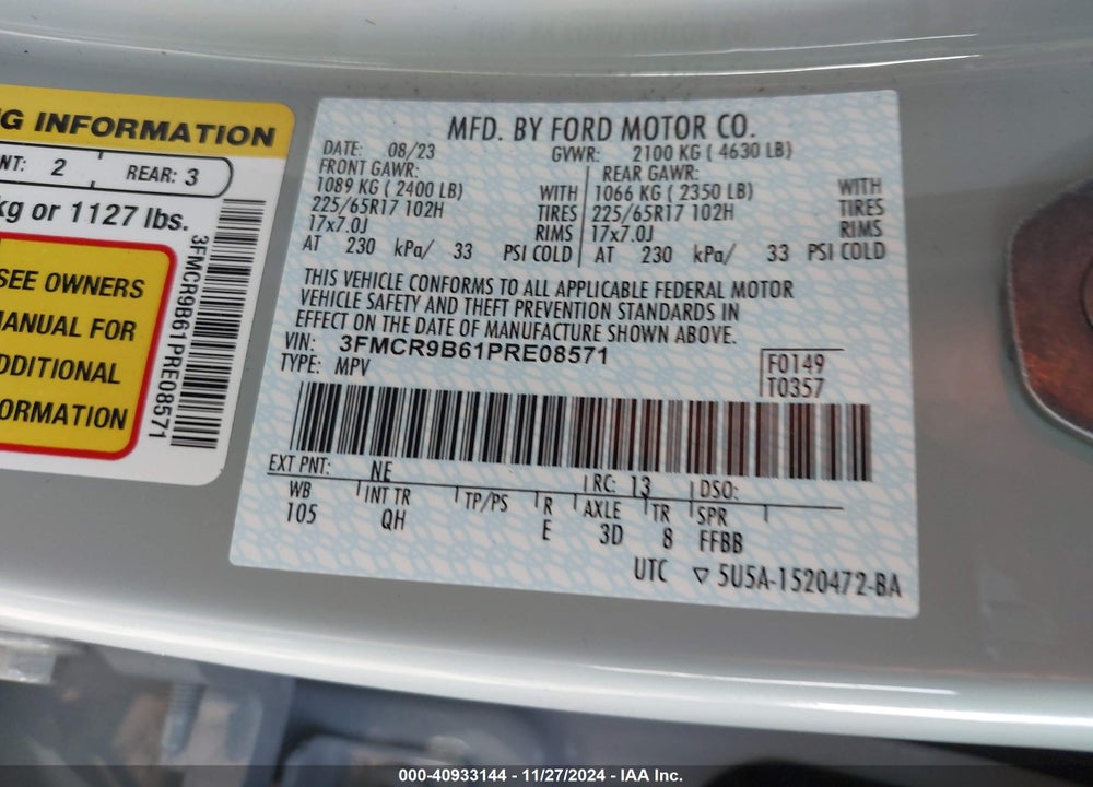 2023 FORD BRONCO SPORT BIG BEND VIN: 3FMCR9B61PRE08571