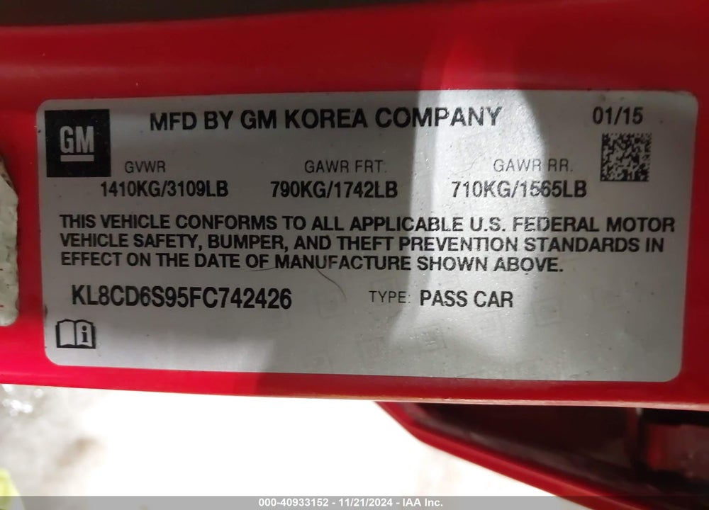 2015 CHEVROLET SPARK 1LT CVT VIN: KL8CD6S95FC742426