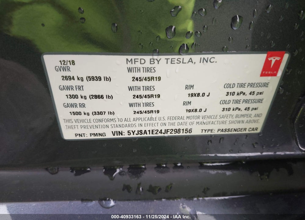 2018 TESLA MODEL S 100D/75D/P100D VIN: 5YJSA1E24JF298156