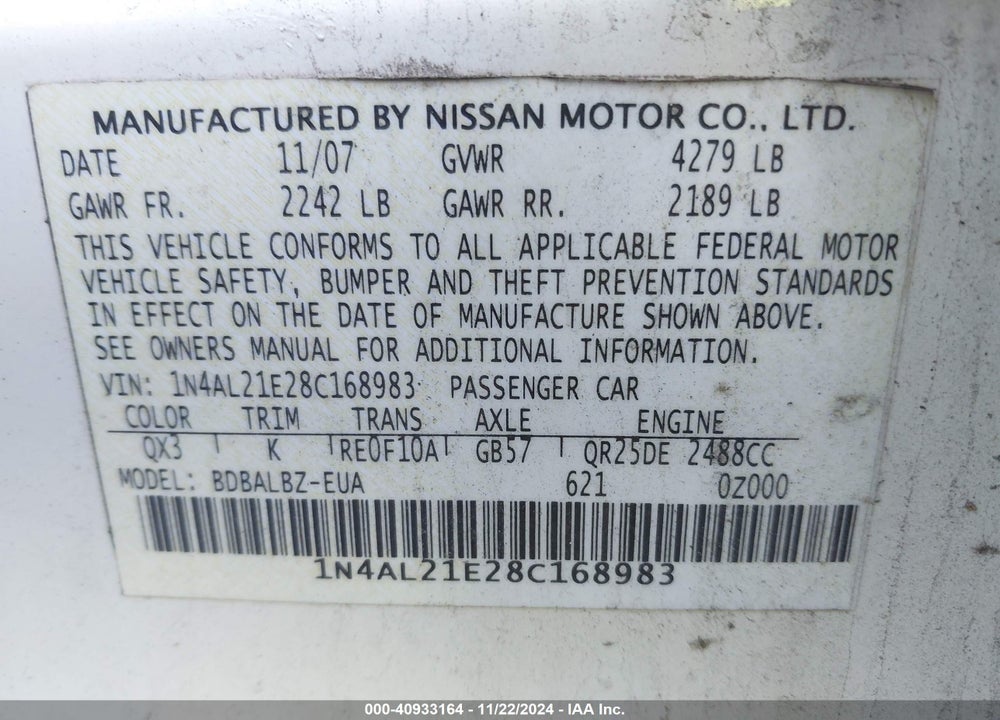 2008 NISSAN ALTIMA 2.5 S VIN: 1N4AL21E28C168983