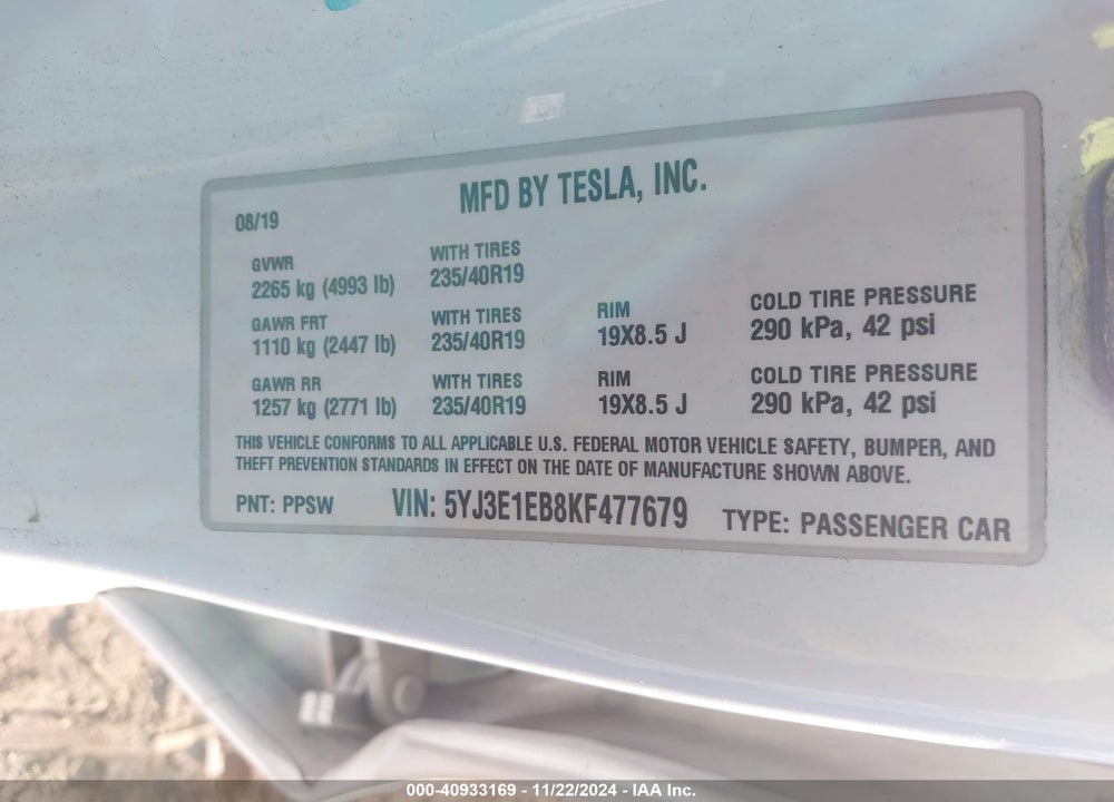 2019 TESLA MODEL 3 LONG RANGE/PERFORMANCE VIN: 5YJ3E1EB8KF477679