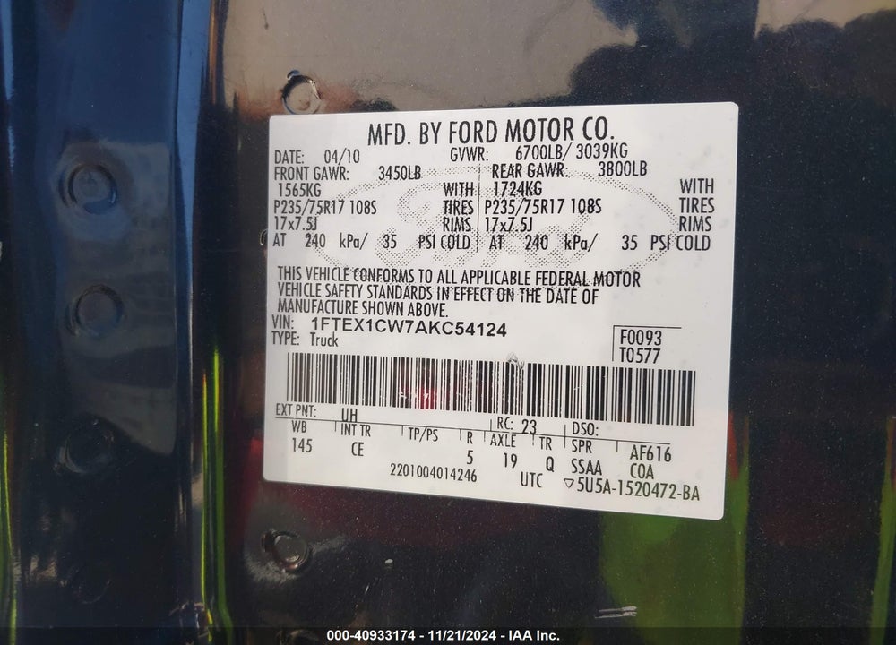 2010 FORD F-150 STX/XL VIN: 1FTEX1CW7AKC54124