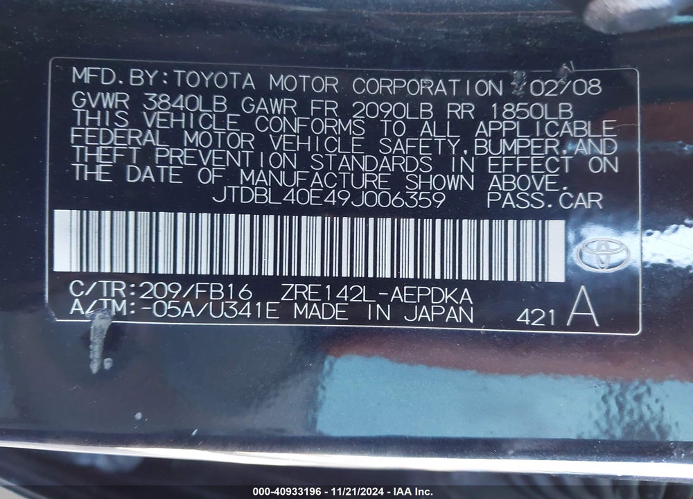2009 TOYOTA COROLLA LE VIN: JTDBL40E49J006359