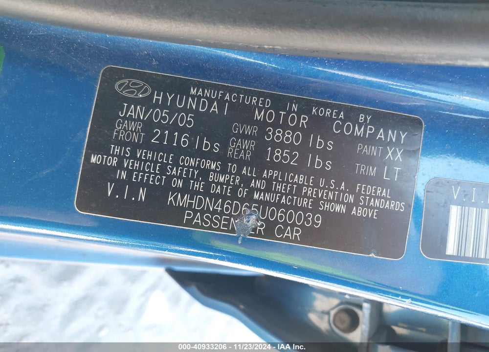 2005 HYUNDAI ELANTRA GLS/GT VIN: KMHDN46D65U060039