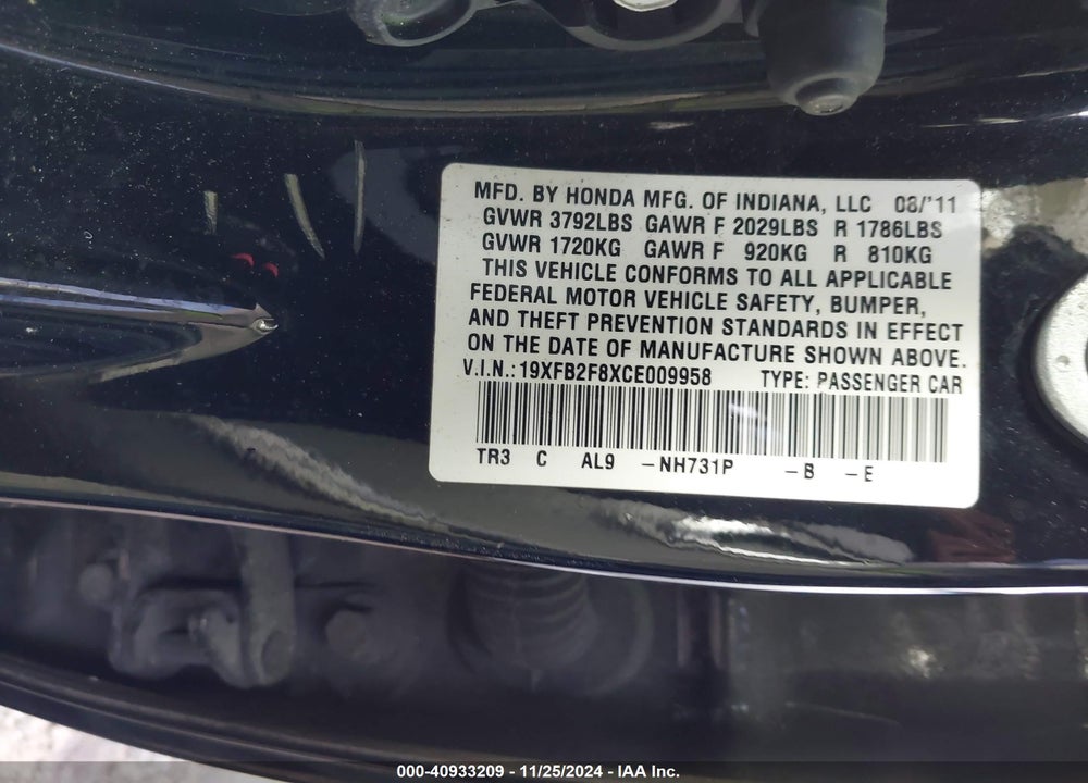 2012 HONDA CIVIC VIN: 19XFB2F8XCE009958