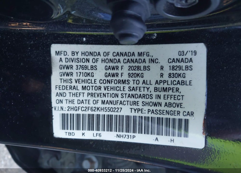 2019 HONDA CIVIC VIN: 2HGFC2F62KH550227