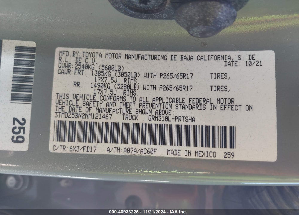 2022 TOYOTA TACOMA VIN: 3TMDZ5BN2NM121467