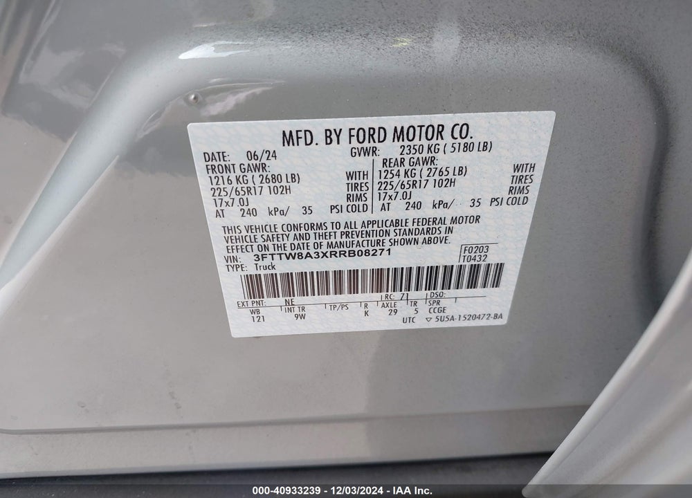 2024 FORD MAVERICK XL VIN: 3FTTW8A3XRRB08271