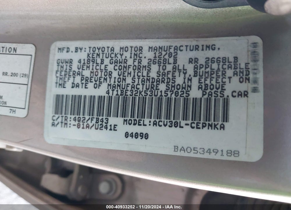 2003 TOYOTA CAMRY LE VIN: 4T1BE32K53U157025