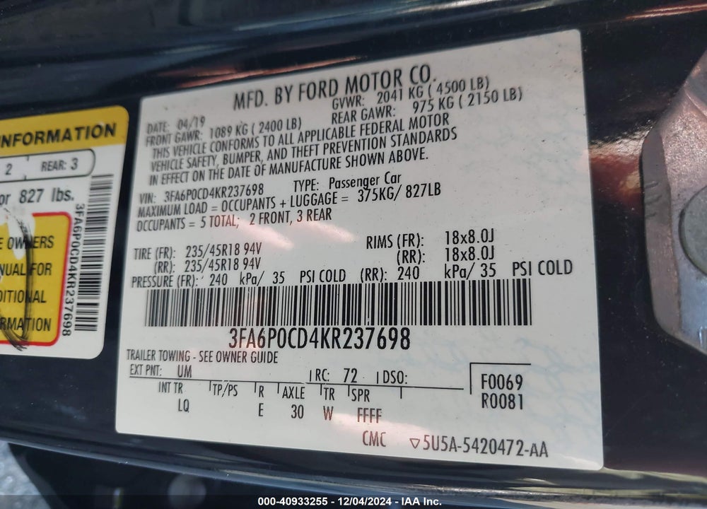 2019 FORD FUSION SEL VIN: 3FA6P0CD4KR237698