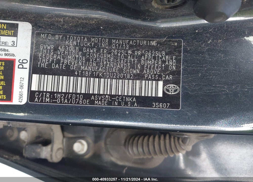 2013 TOYOTA CAMRY LE VIN: 4T1BF1FK1DU220182
